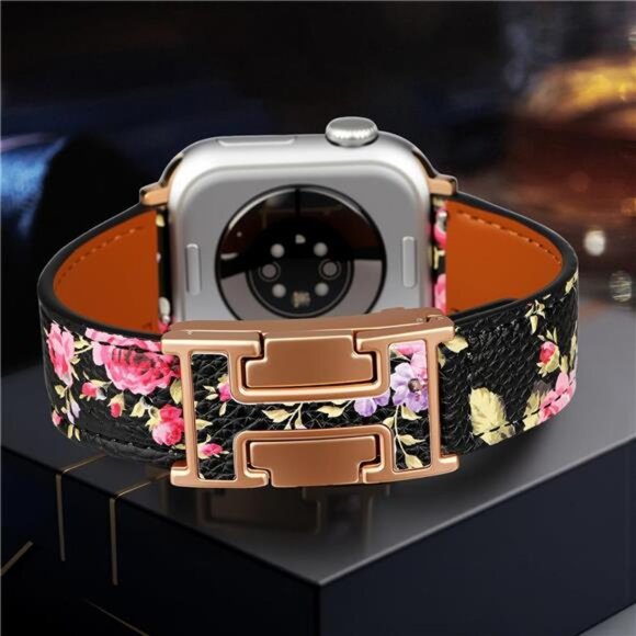 NEW Floral/Rose Gold Leather Apple Watch Band - Picture 2 of 5